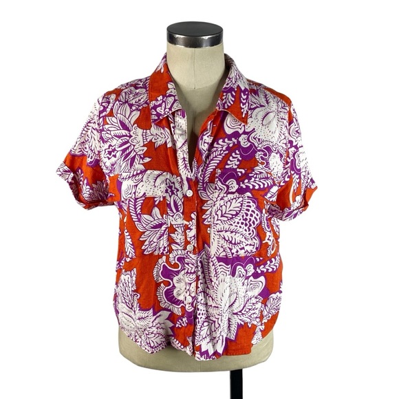 Calligraphie Anthropologie Linen Blend Button Front Top Medium Red Purple Floral - Picture 6 of 6